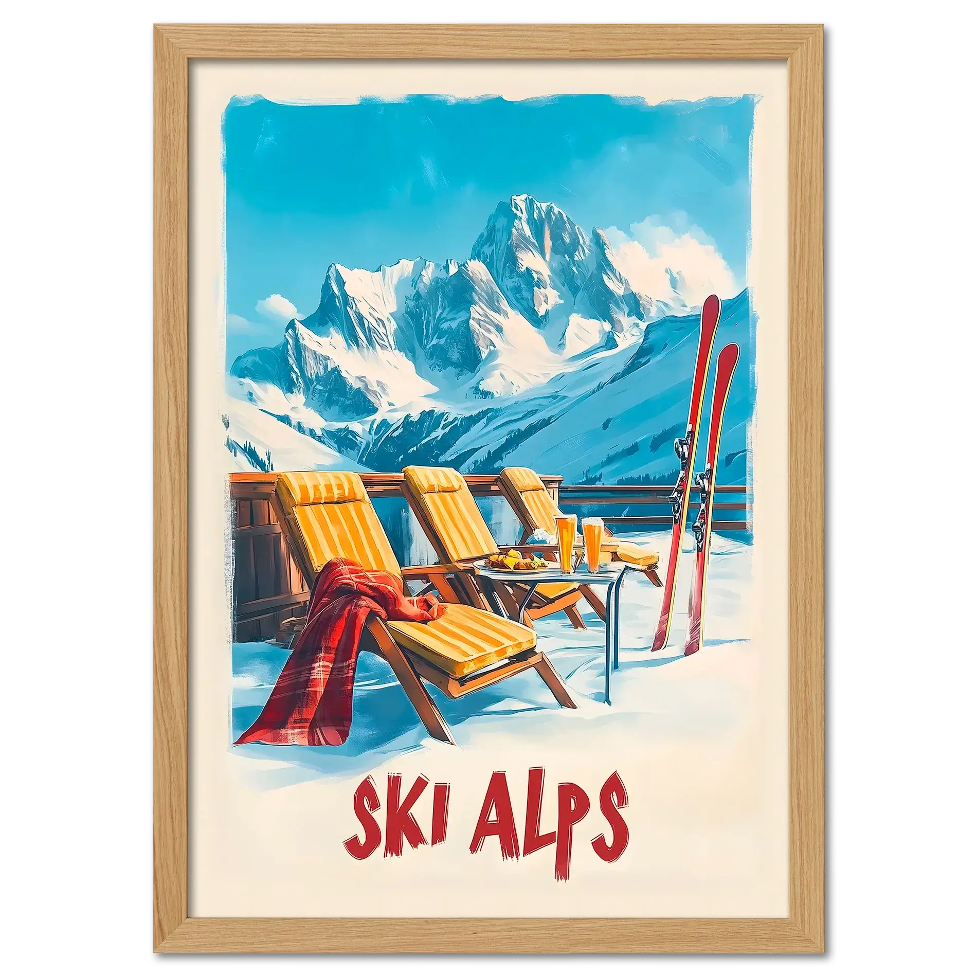 Sunny Ski Alps Escape - Poster featuring wooden loungers, skis, and snow-covered mountains.