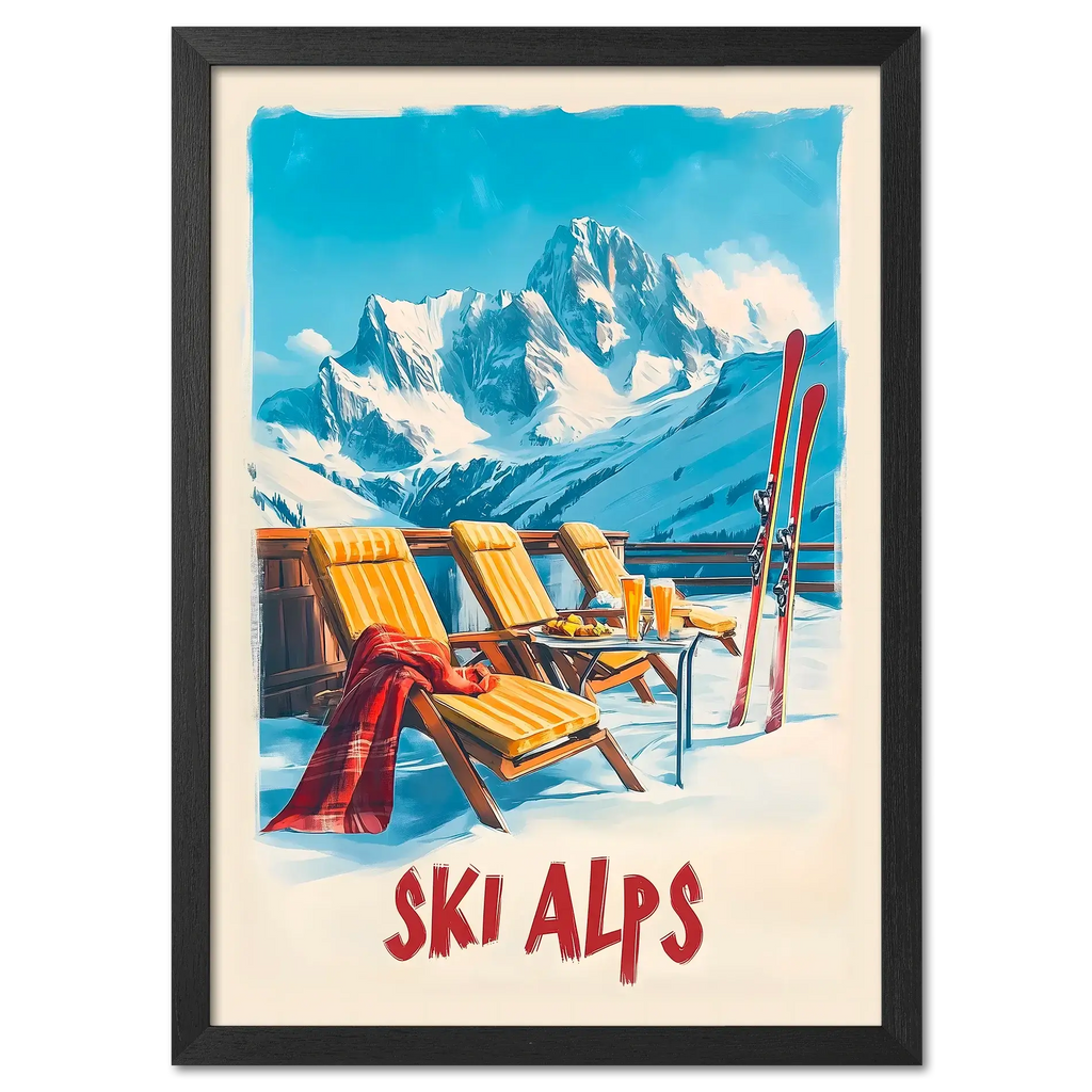 Sunny Ski Alps Escape - Poster featuring a sunny terrace with wooden loungers, skis, and stunning alpine mountains.