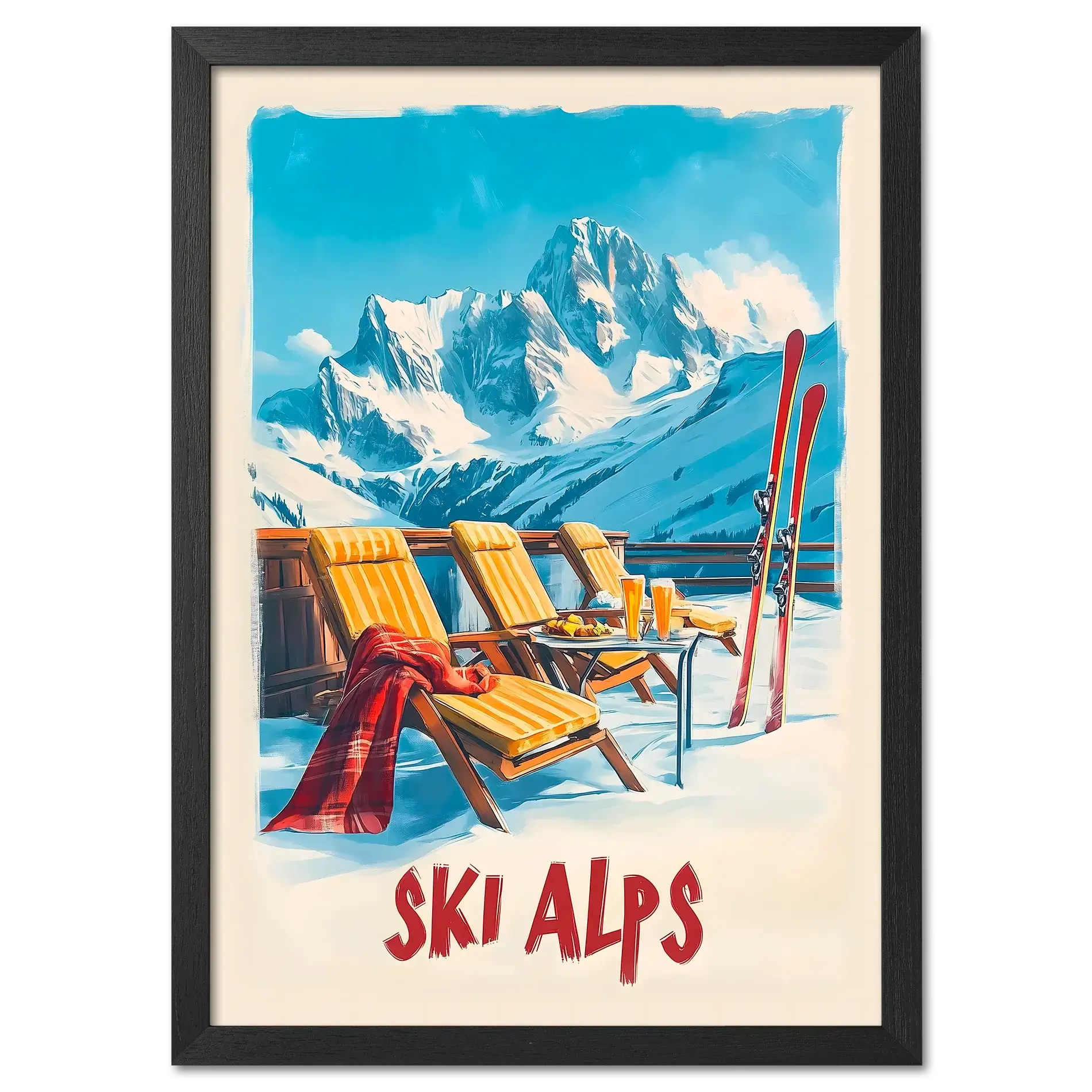Sunny Ski Alps Escape - Poster featuring a sunny terrace with wooden loungers, skis, and stunning alpine mountains.