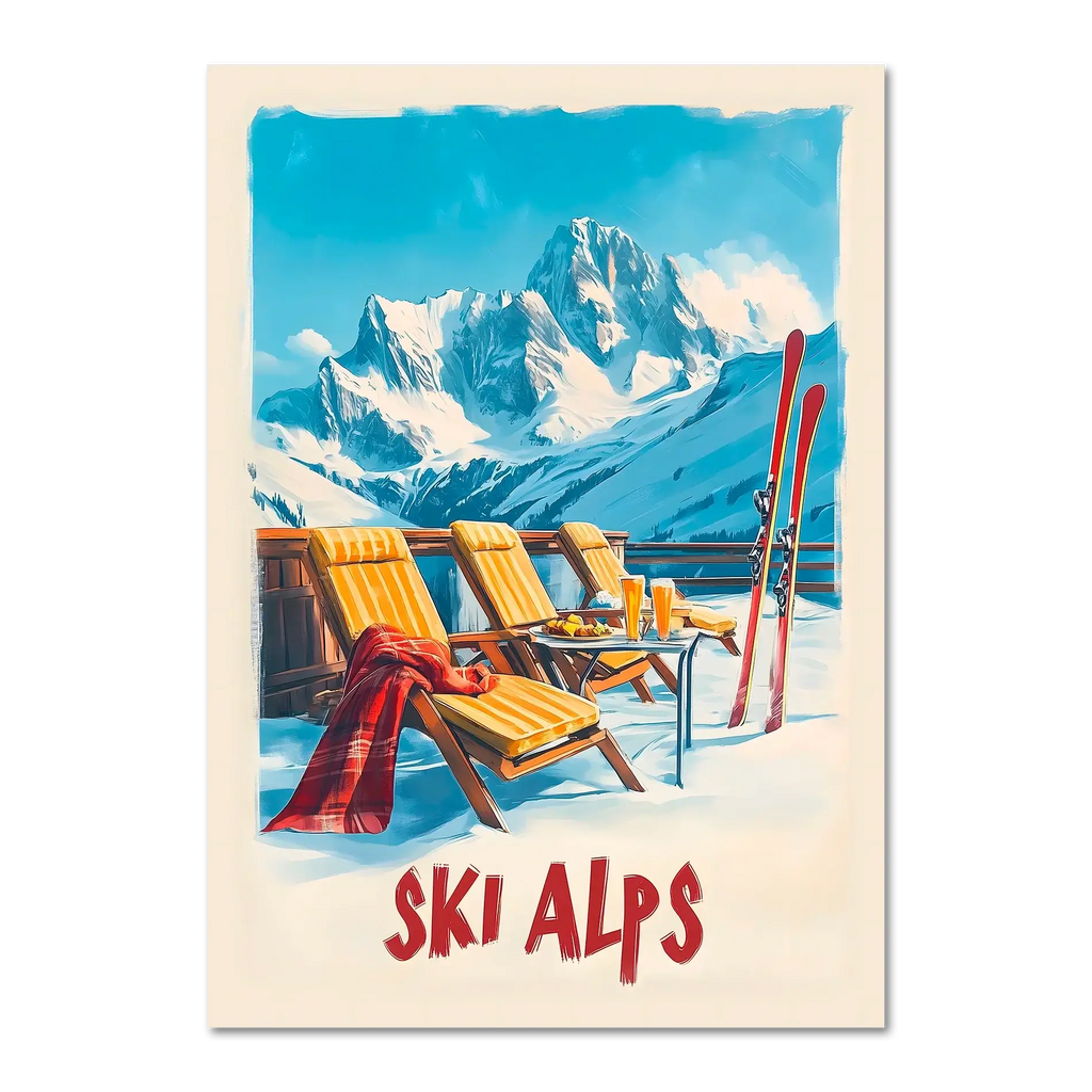 Sunny Ski Alps Escape - Poster featuring wooden loungers, skis, and snow-covered mountains under blue skies.