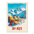 Sunny Ski Alps Escape - Poster featuring wooden loungers, skis, and snow-covered mountains under blue skies.