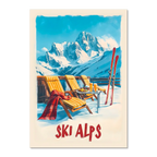 Sunny Ski Alps Escape - Poster featuring wooden loungers, skis, and snow-covered mountains under blue skies.