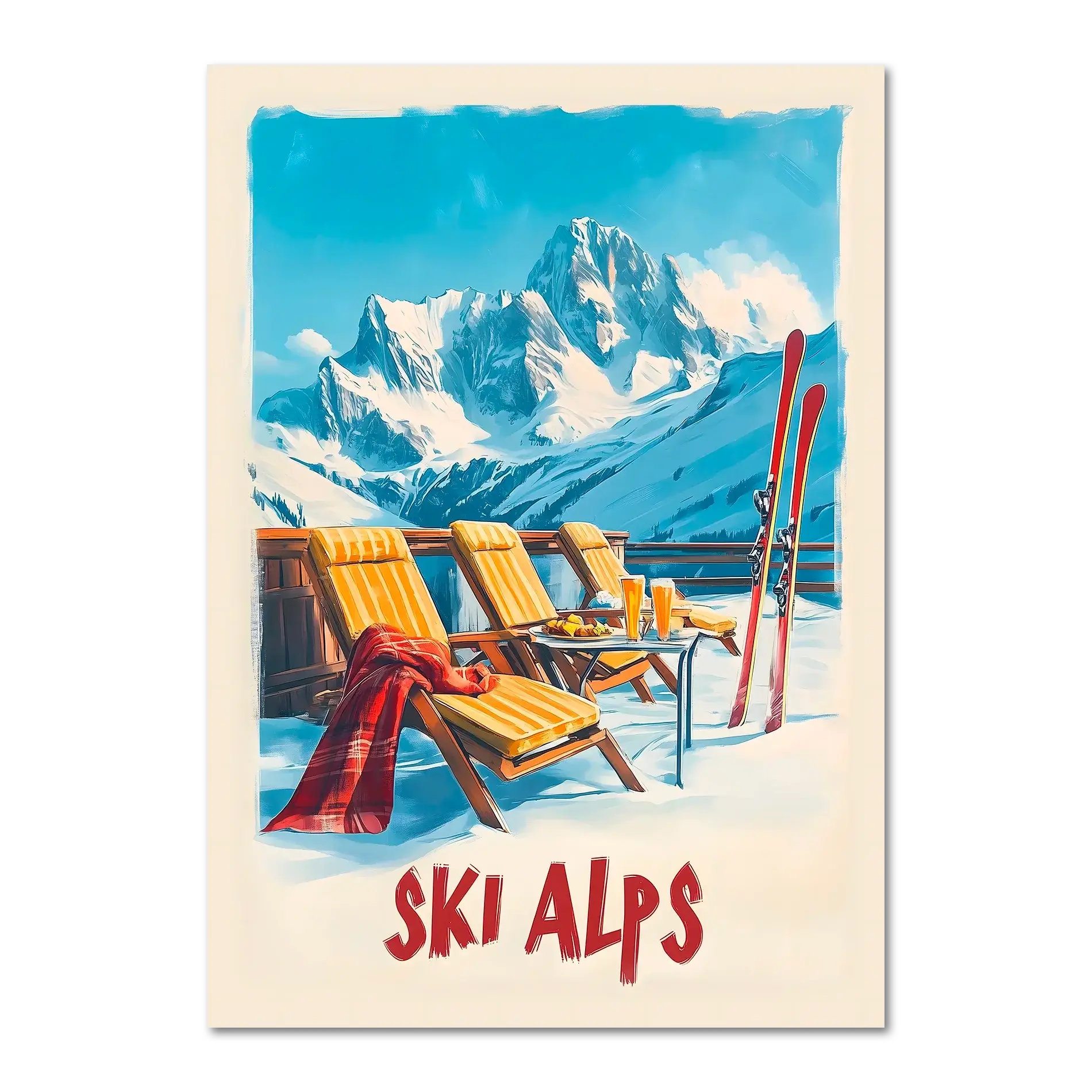 Sunny Ski Alps Escape - Poster featuring wooden loungers, skis, and snow-covered mountains under blue skies.