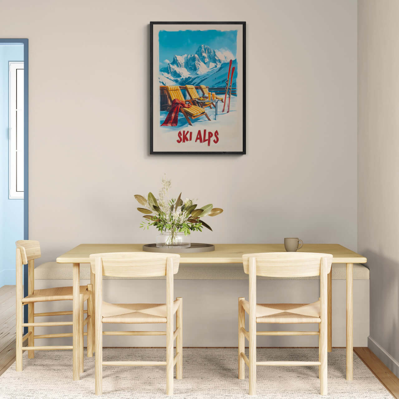 Sunny Ski Alps Escape - Poster displayed in a modern dining area with wooden chairs and a flower centerpiece.