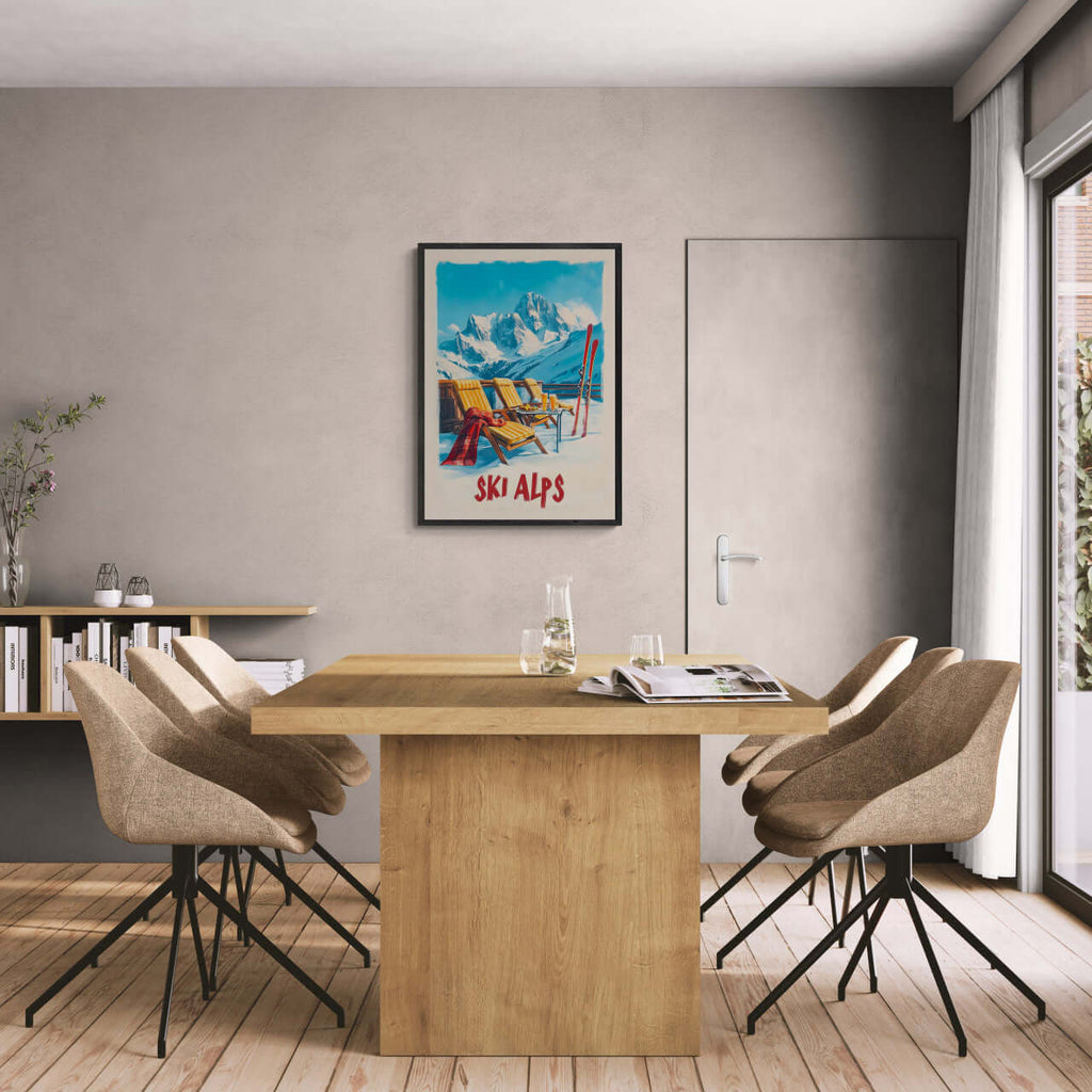 Sunny Ski Alps Escape - Poster displayed in a modern dining area with wooden table and stylish chairs.