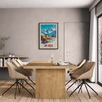Sunny Ski Alps Escape - Poster displayed in a modern dining area with wooden table and stylish chairs.