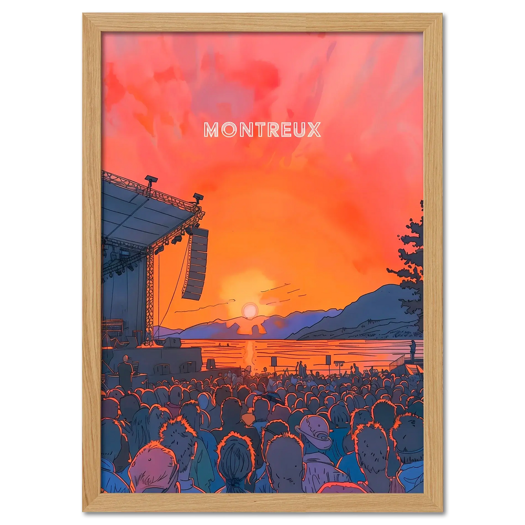 Sunset Montreux Jazz Festival - Poster featuring a sunset concert, lively crowd, and mountains in the background.