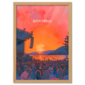 Sunset Montreux Jazz Festival - Poster featuring a sunset concert, lively crowd, and mountains in the background.