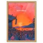 Sunset Montreux Jazz Festival - Poster featuring a sunset concert, lively crowd, and mountains in the background.