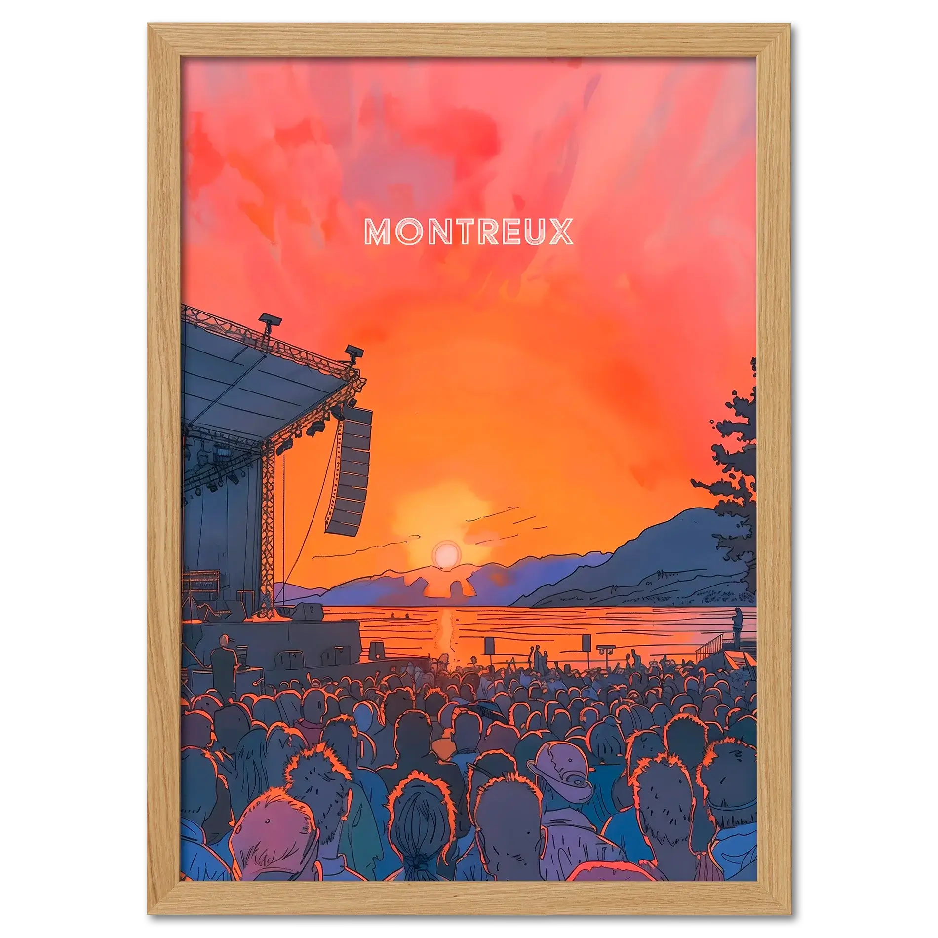 Sunset Montreux Jazz Festival - Poster featuring a sunset concert, lively crowd, and mountains in the background.