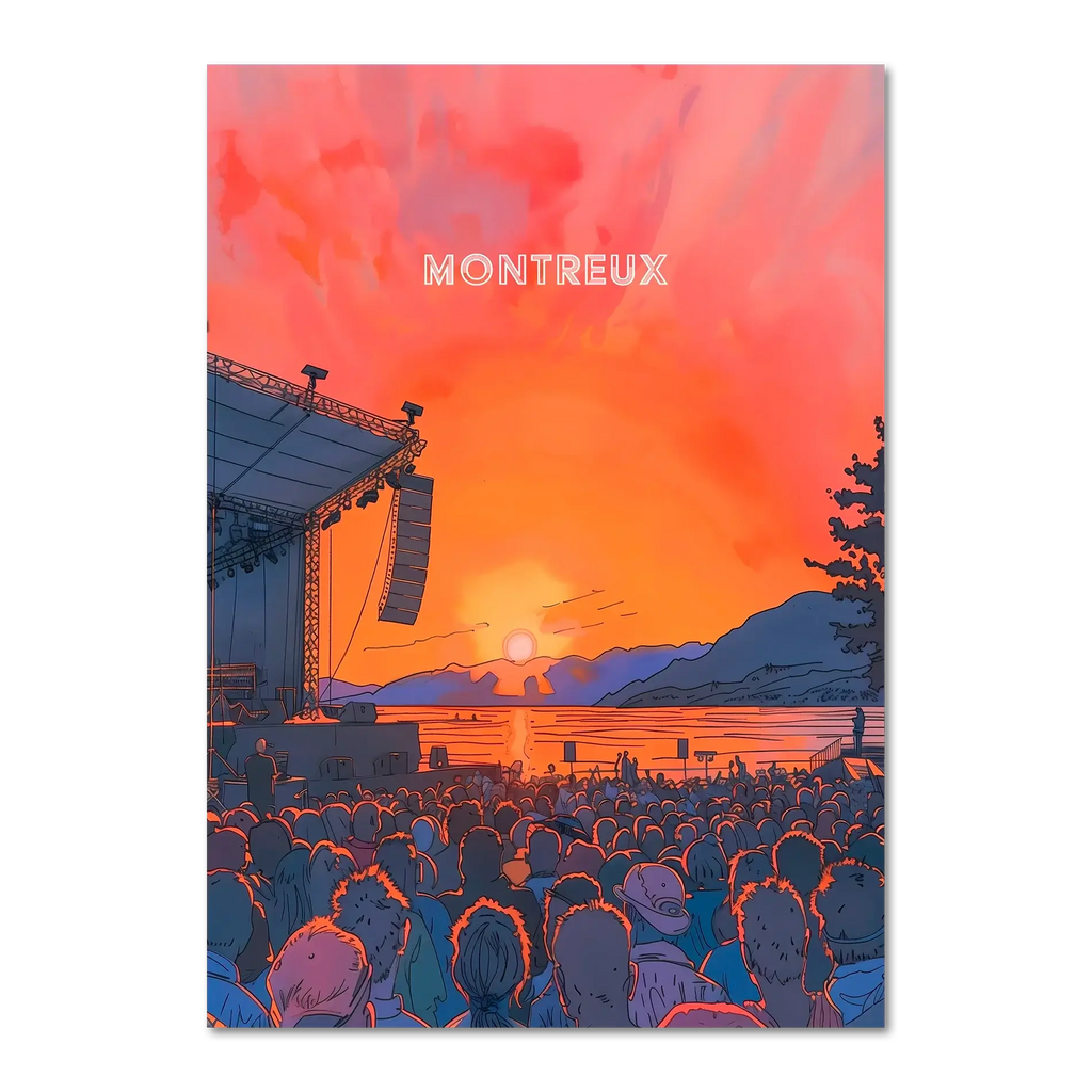 Sunset Montreux Jazz Festival - Poster showcasing a vibrant sunset concert with a stage by the lake and a lively crowd.