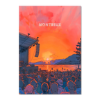 Sunset Montreux Jazz Festival - Poster showcasing a vibrant sunset concert with a stage by the lake and a lively crowd.