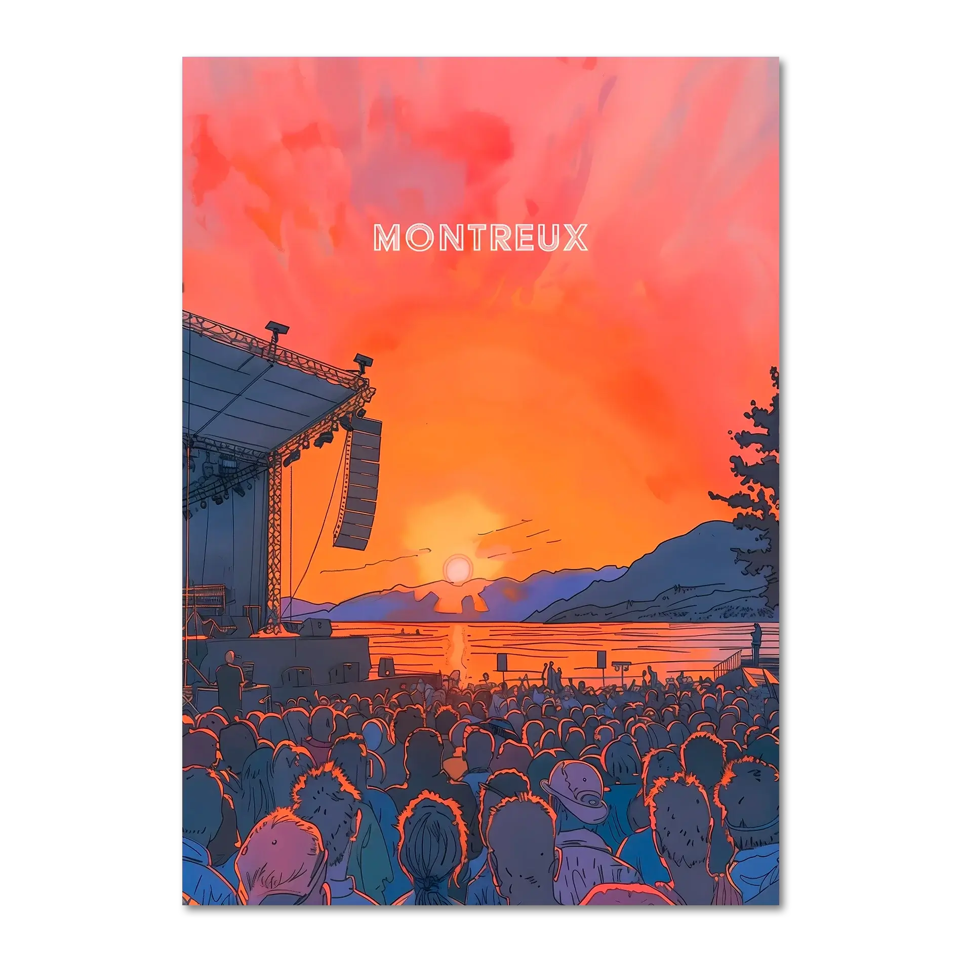 Sunset Montreux Jazz Festival - Poster showcasing a vibrant sunset concert with a stage by the lake and a lively crowd.