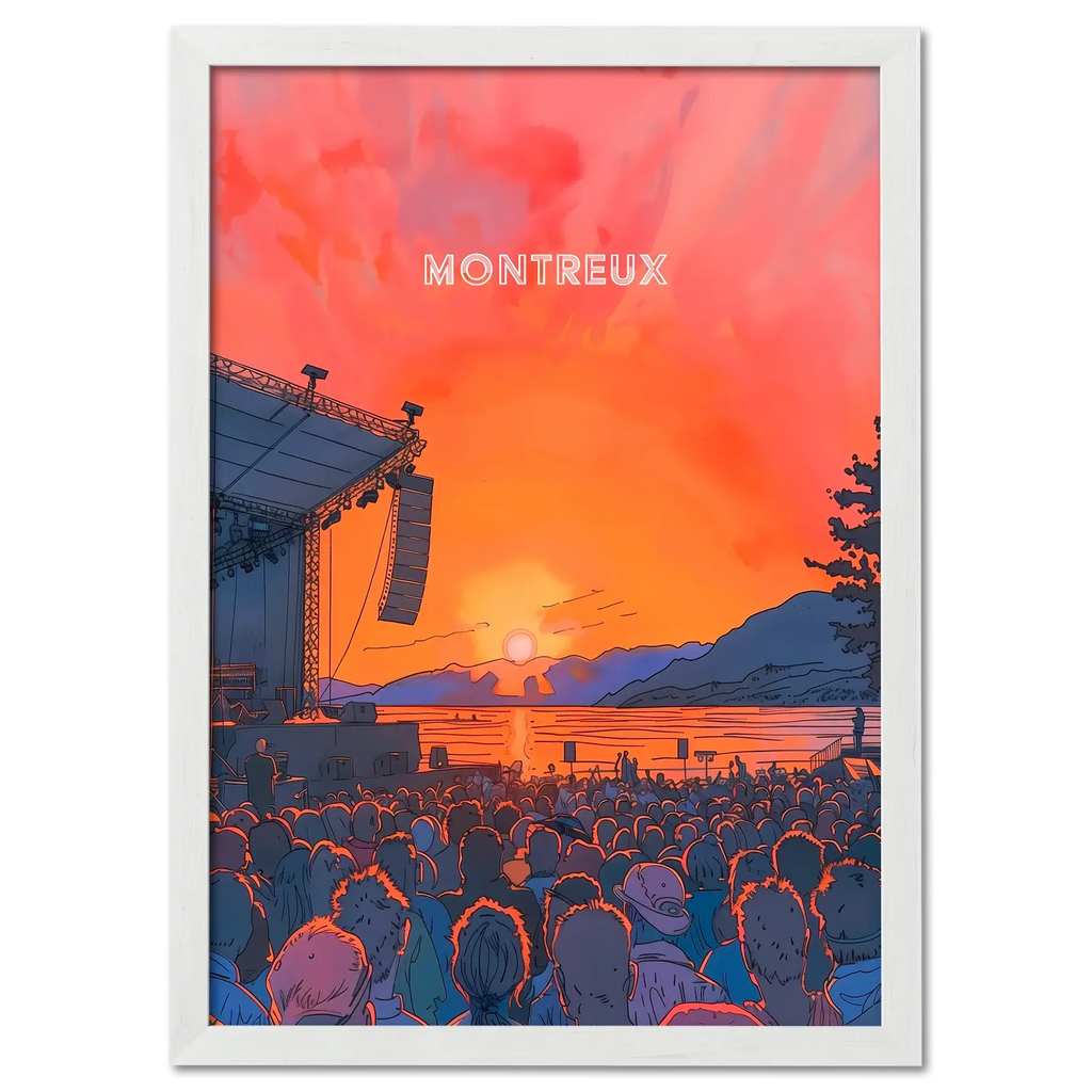 Sunset Montreux Jazz Festival - Poster showing a vibrant sunset concert scene by the lake with an energetic crowd.