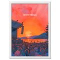 Sunset Montreux Jazz Festival - Poster showing a vibrant sunset concert scene by the lake with an energetic crowd.