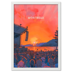 Sunset Montreux Jazz Festival - Poster showing a vibrant sunset concert scene by the lake with an energetic crowd.