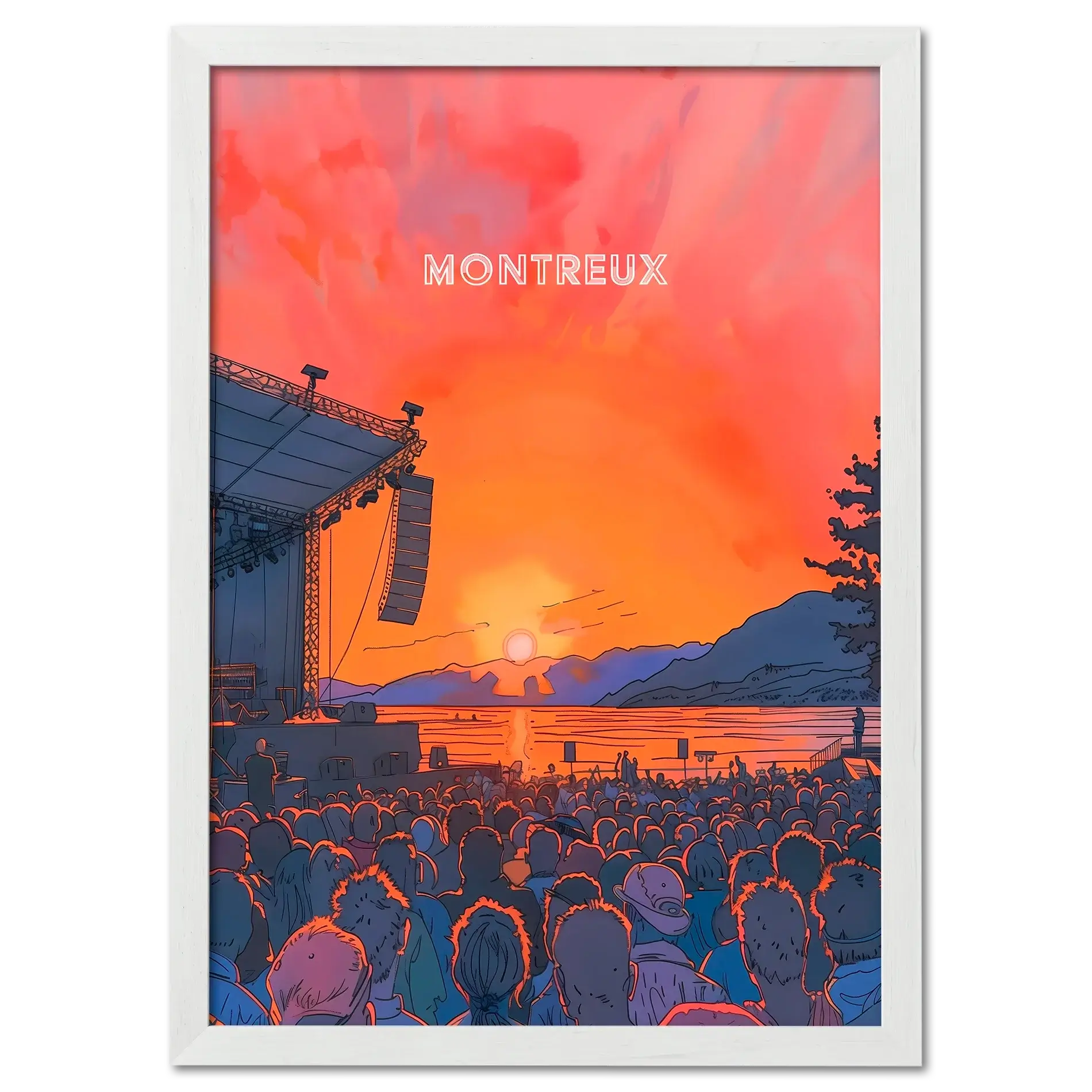 Sunset Montreux Jazz Festival - Poster showing a vibrant sunset concert scene by the lake with an energetic crowd.