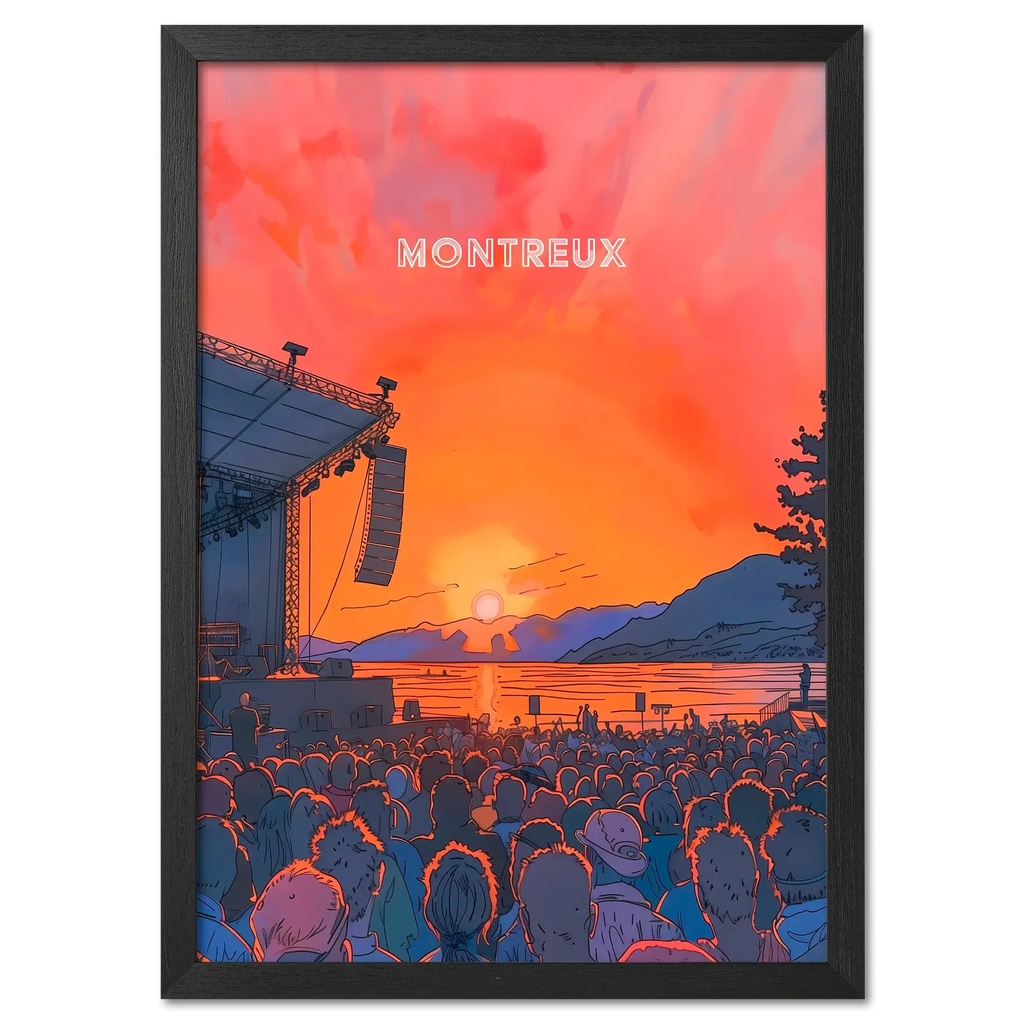 Sunset Montreux Jazz Festival - Poster featuring a vibrant sunset concert scene by the lake.