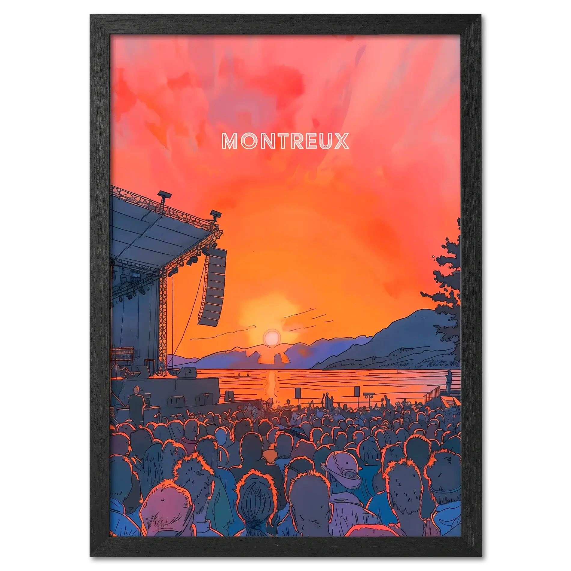Sunset Montreux Jazz Festival - Poster featuring a vibrant sunset concert scene by the lake.