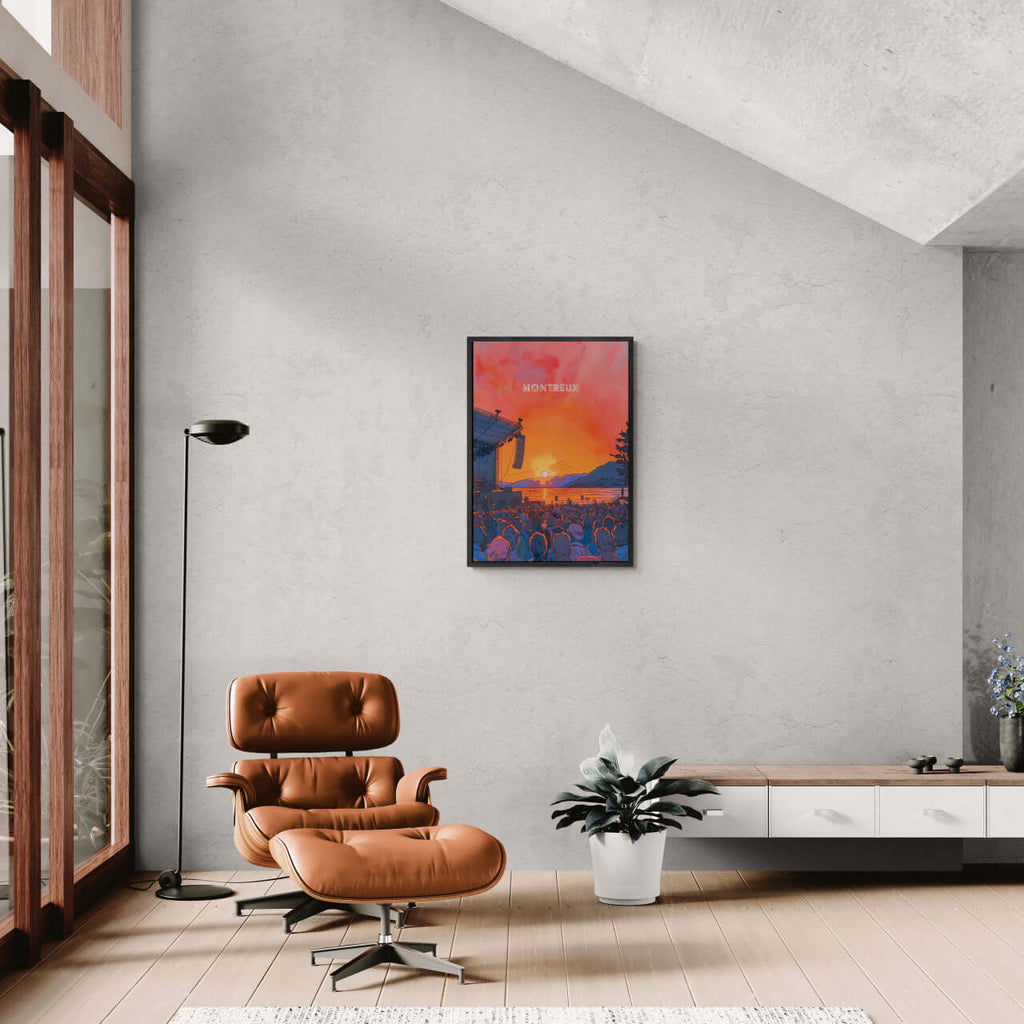 Sunset Montreux Jazz Festival - Poster displayed in a modern living room with stylish furniture and bright decor.