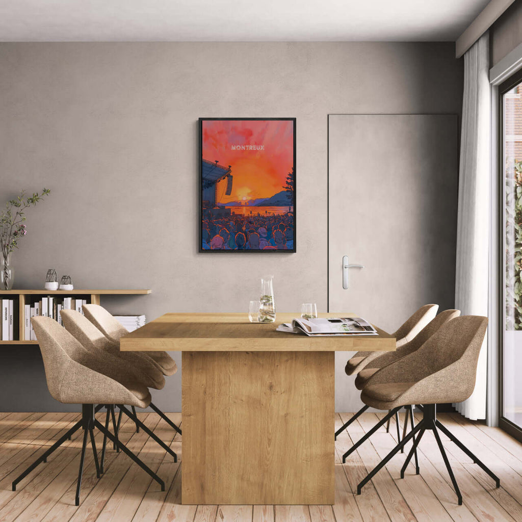Sunset Montreux Jazz Festival - Poster displayed in a modern dining area with a wooden table and stylish chairs.