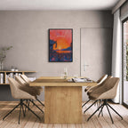 Sunset Montreux Jazz Festival - Poster displayed in a modern dining area with a wooden table and stylish chairs.