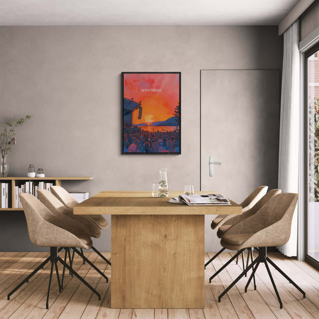 Sunset Montreux Jazz Festival - Poster displayed in a modern dining area with a wooden table and stylish chairs.