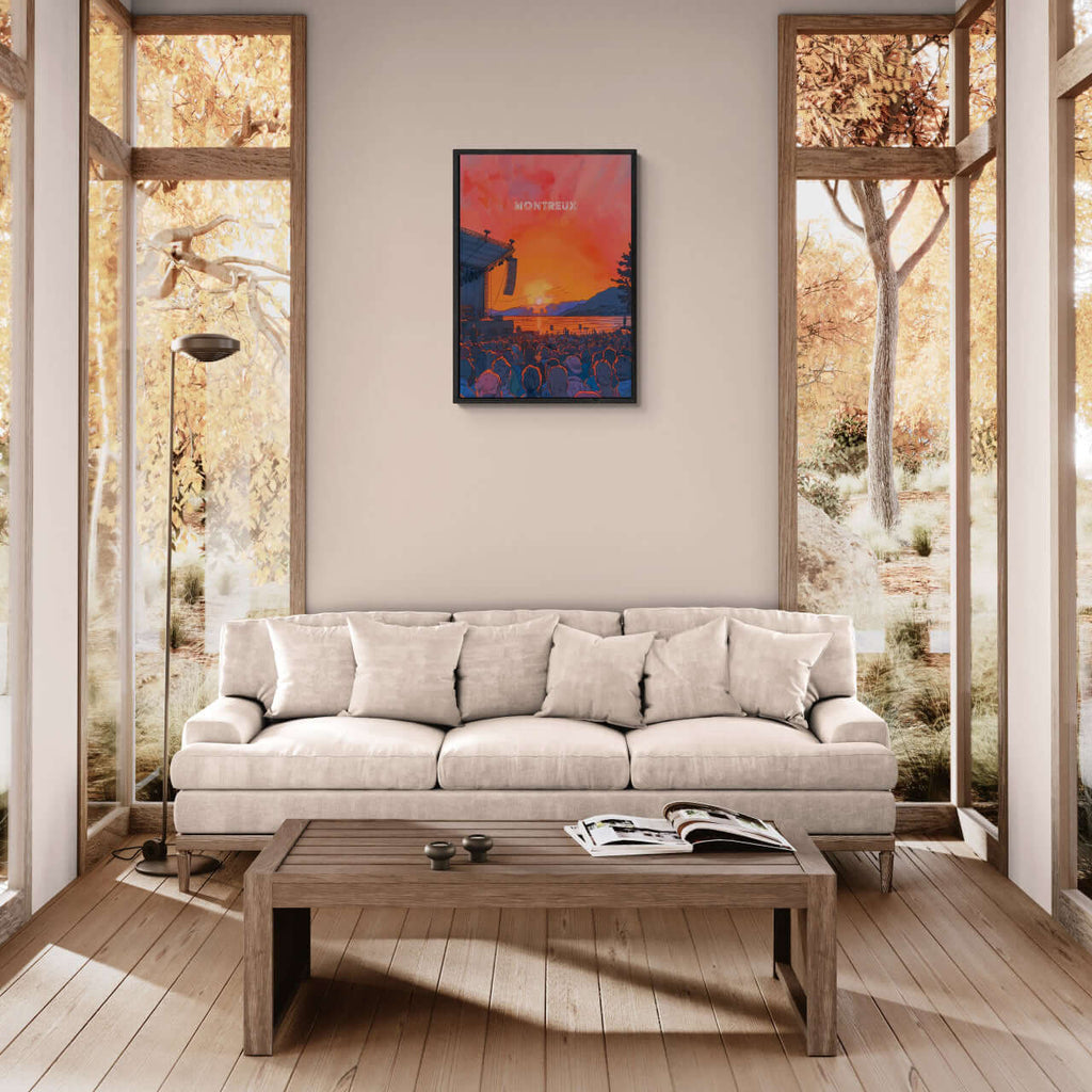 Sunset Montreux Jazz Festival - Poster displayed in modern minimalist living room with neutral tones and natural light.