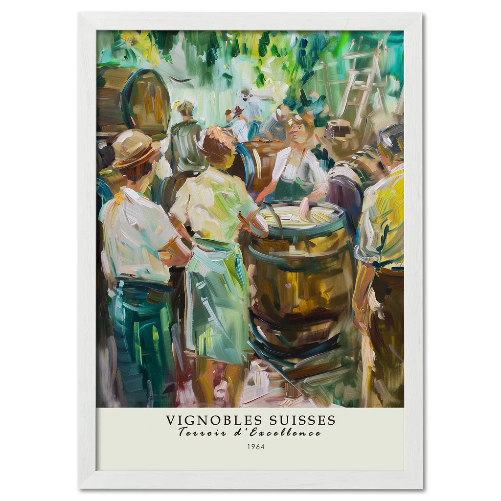 Winemaking in 1964 - Poster featuring a vibrant Swiss vineyard scene with vintners and oak barrels.