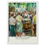 Winemaking in 1964 - Poster featuring a vibrant Swiss vineyard scene with vintners and oak barrels.