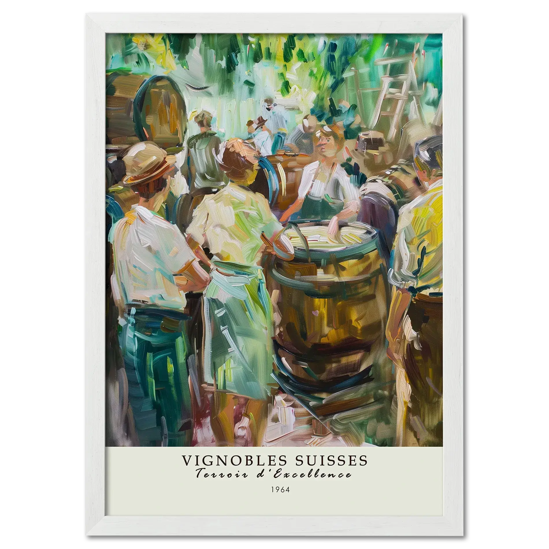 Winemaking in 1964 - Poster featuring a vibrant Swiss vineyard scene with vintners and oak barrels.