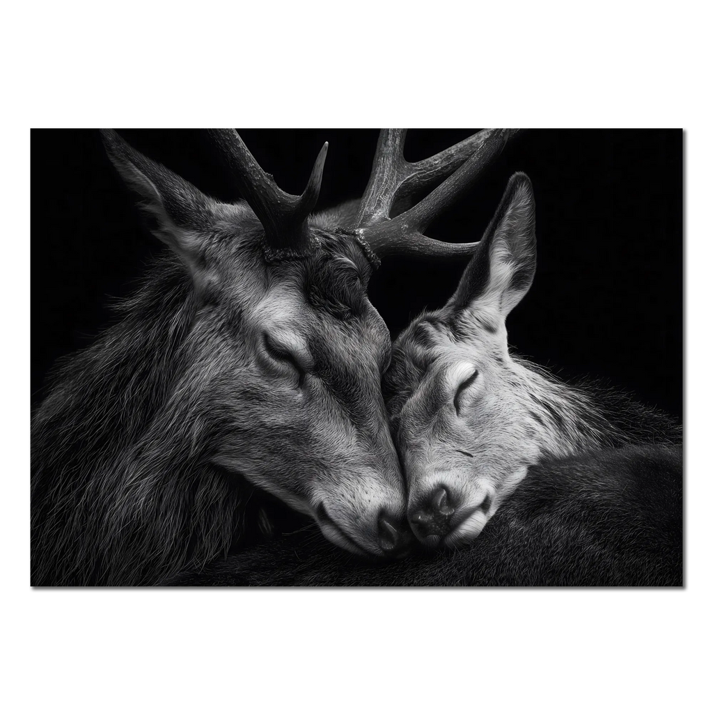 Tenderness of deer - Alu-Dibond wall art featuring two deer in a tender moment, symbolizing connection and harmony.
