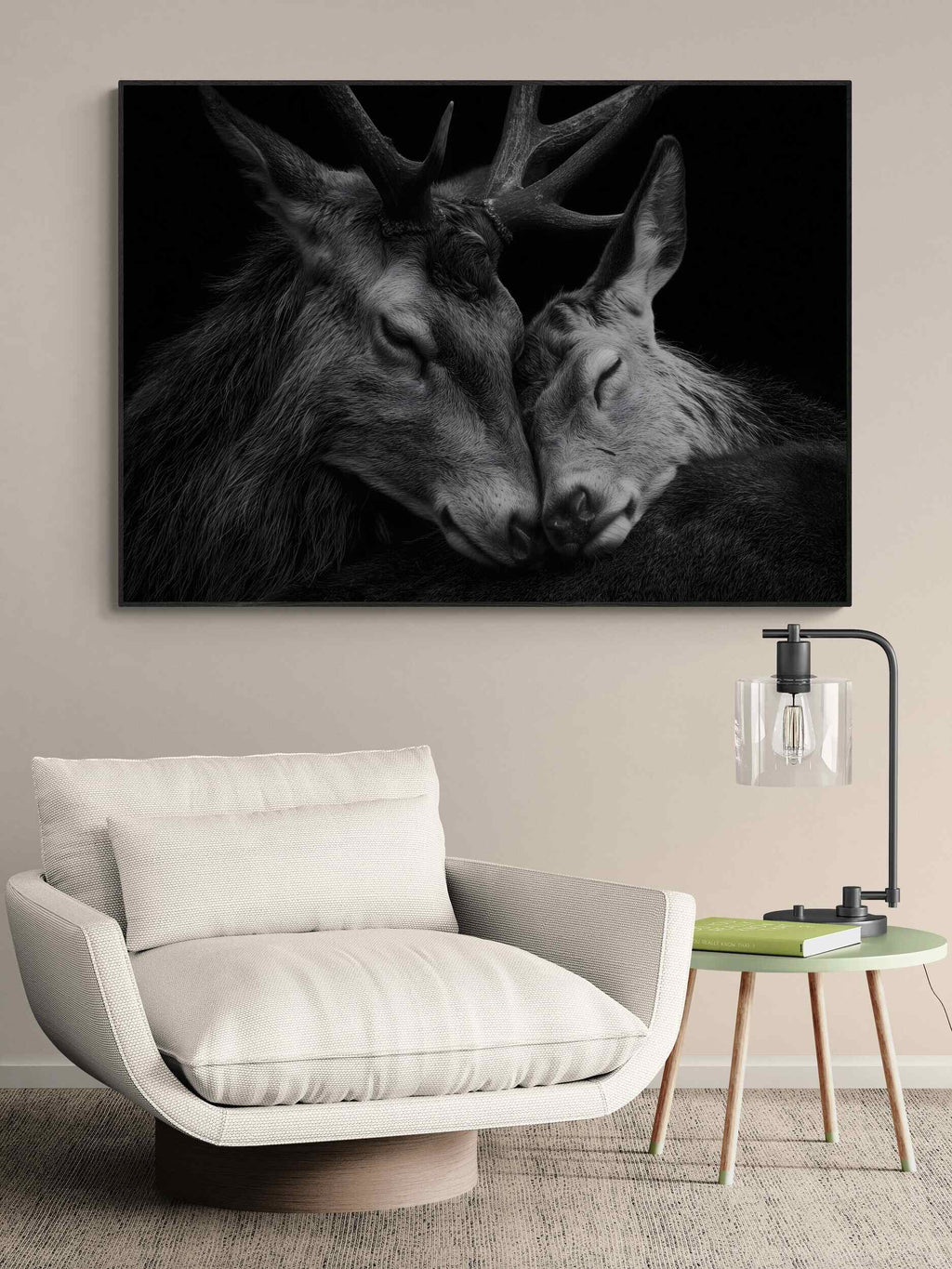 Tenderness of deer - Alu-Dibond wall art showcasing two deer in a tender moment, perfect for nature lovers.