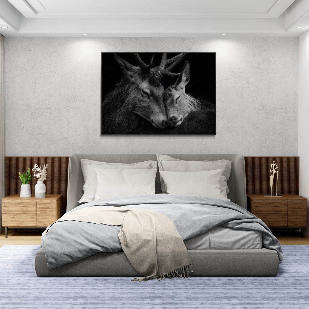Tenderness of deer - Alu-Dibond wall art displayed in a serene bedroom, highlighting emotional connection between two deer.