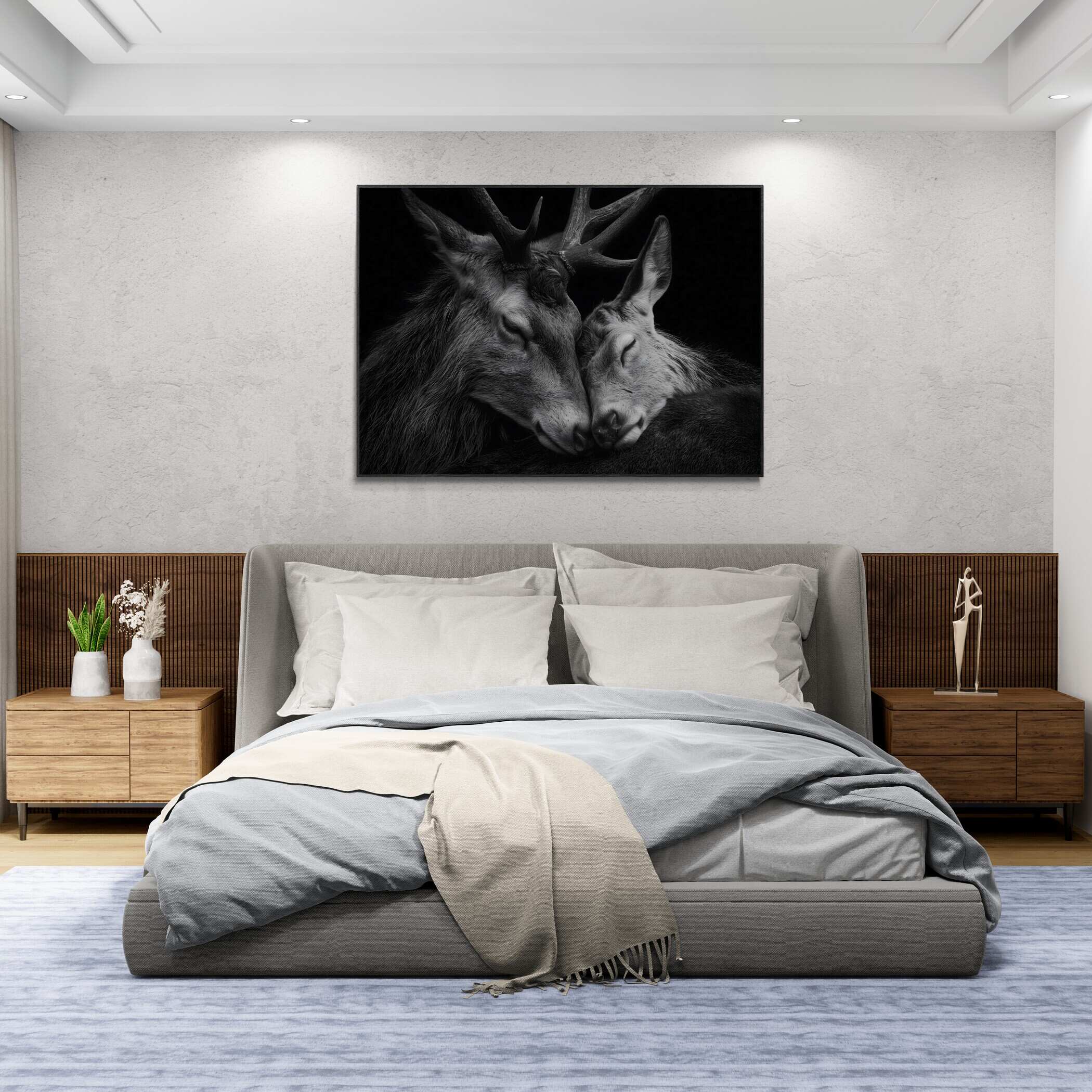 Tenderness of deer - Alu-Dibond wall art displayed in a serene bedroom, highlighting emotional connection between two deer.