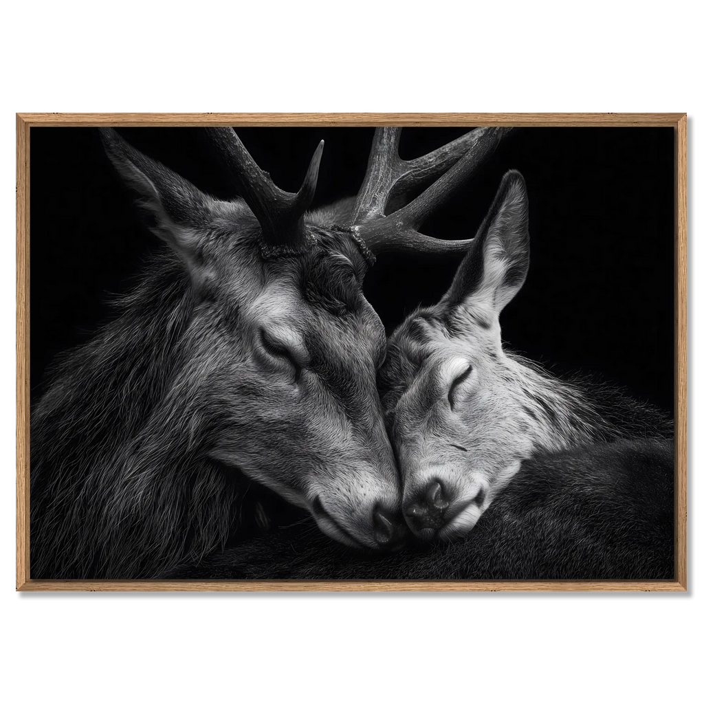 Tenderness of deer - Alu-Dibond wall art showcasing two deer in a tender moment of connection and trust.