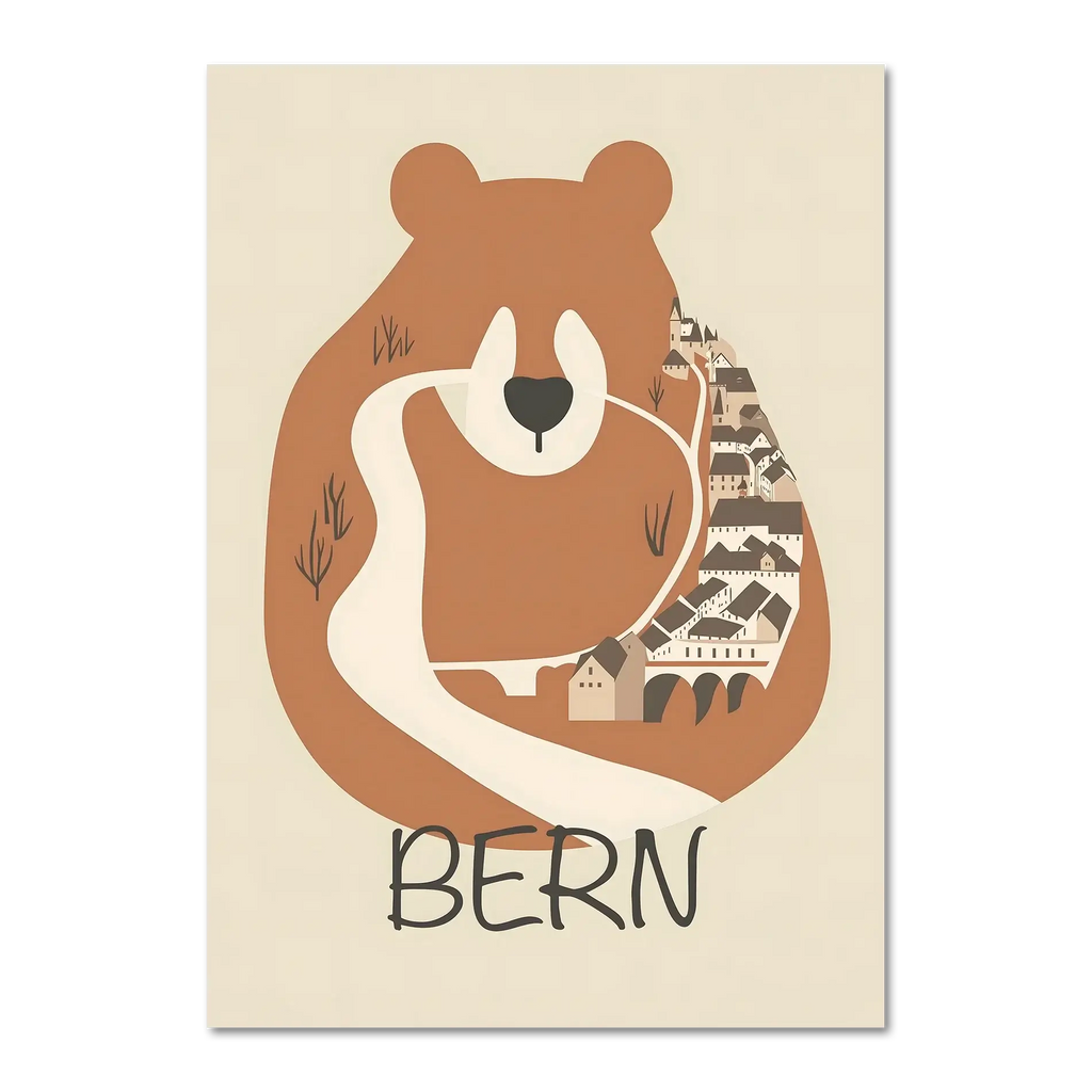 The Bear’s Embrace - Poster featuring a bear embracing the town of Bern with warm earthy tones.
