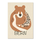 The Bear’s Embrace - Poster featuring a bear embracing the town of Bern with warm earthy tones.
