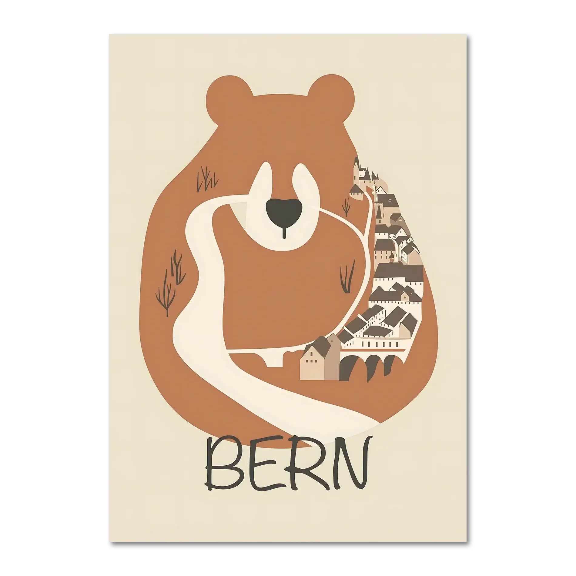 The Bear’s Embrace - Poster featuring a bear embracing the town of Bern with warm earthy tones.