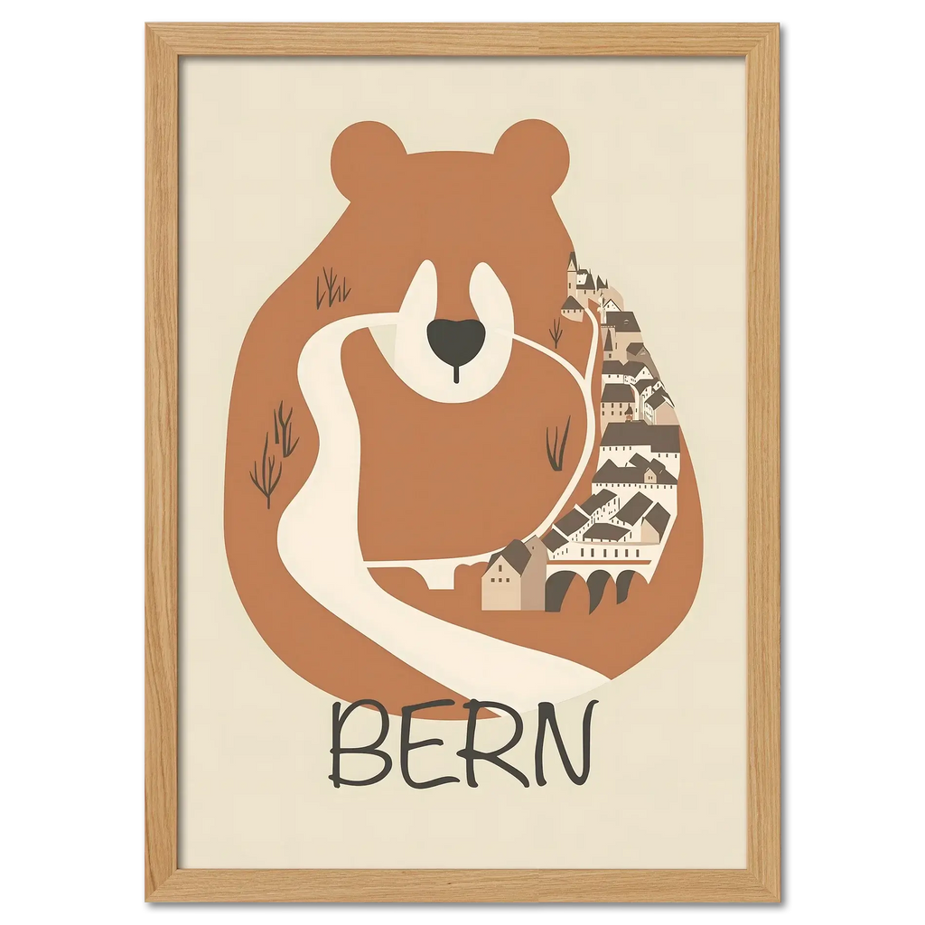 The Bear’s Embrace - Poster featuring a stylized bear and the city of Bern in warm earthy tones.