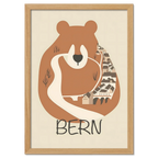 The Bear’s Embrace - Poster featuring a stylized bear and the city of Bern in warm earthy tones.
