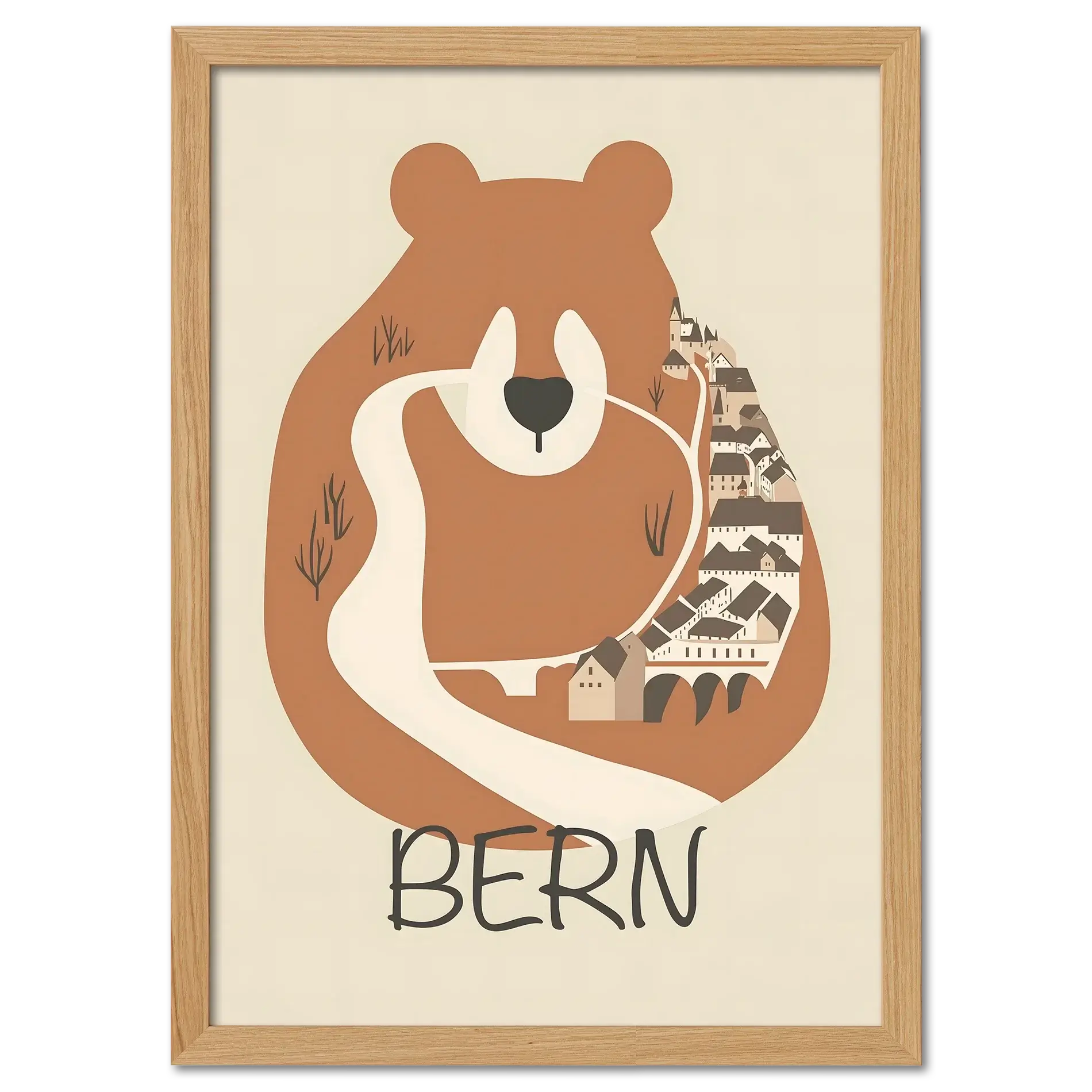 The Bear’s Embrace - Poster featuring a stylized bear and the city of Bern in warm earthy tones.