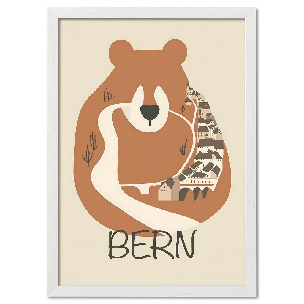 The Bear’s Embrace - Poster featuring a stylized bear embracing Bern in warm earthy tones.