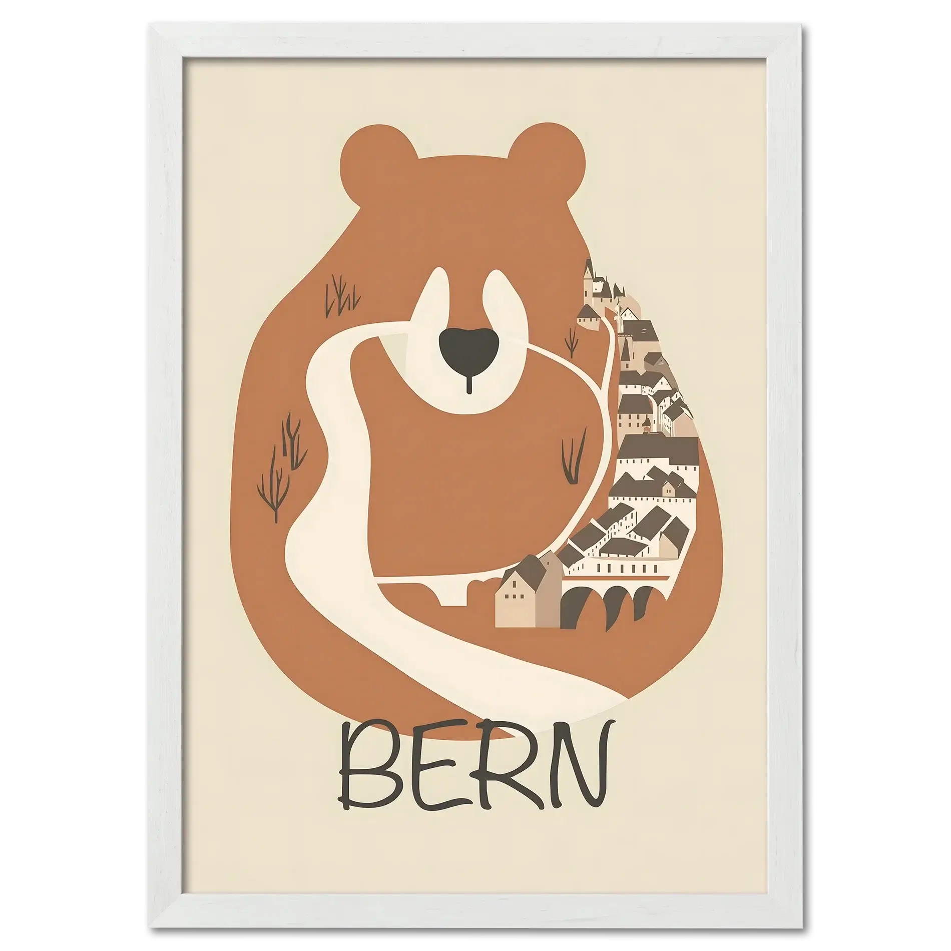 The Bear’s Embrace - Poster featuring a stylized bear embracing Bern in warm earthy tones.
