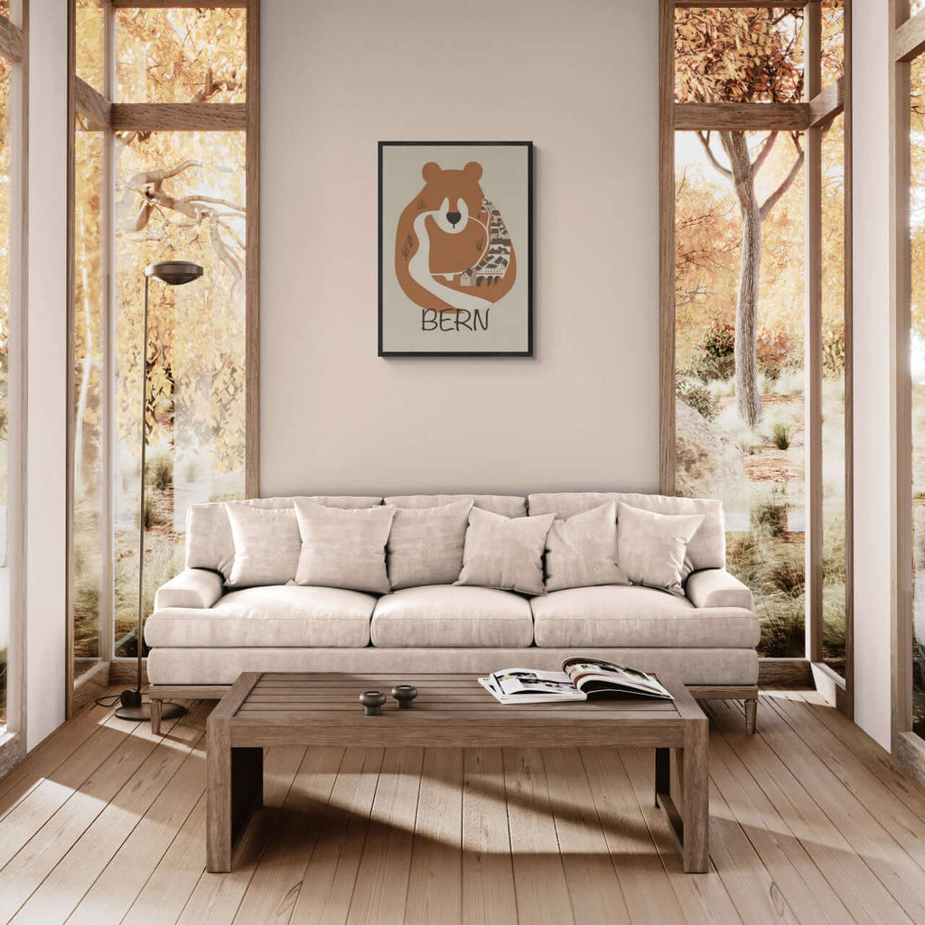 The Bear’s Embrace - Poster featuring a bear and the word 'Bern' in a modern interior setting.