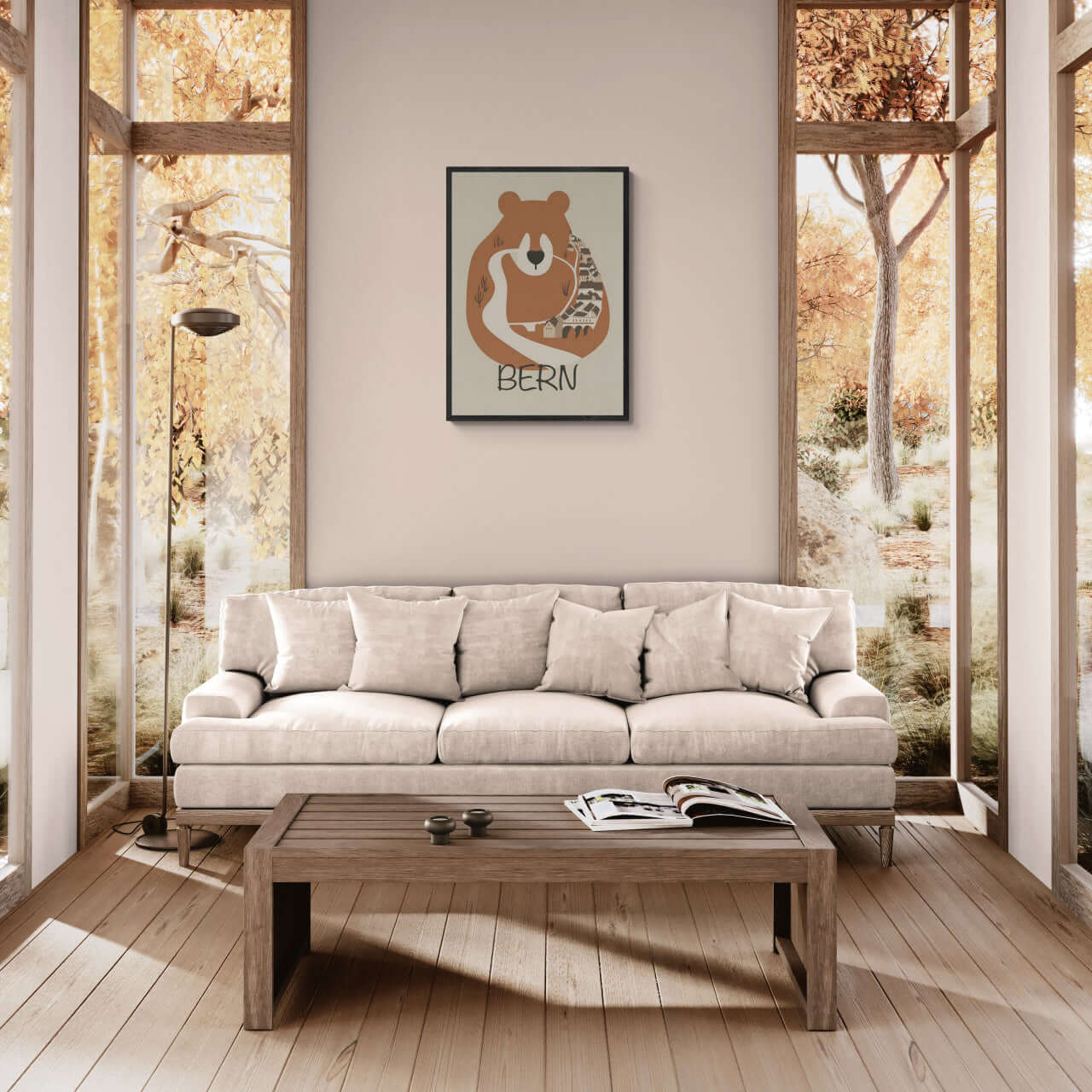 The Bear’s Embrace - Poster featuring a bear and the word 'Bern' in a modern interior setting.