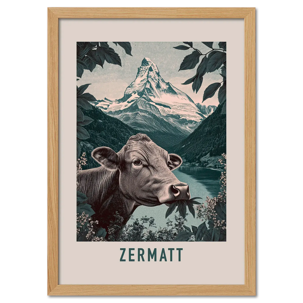 The Essence of Zermatt - Poster featuring a cow and the Matterhorn behind a serene lake.