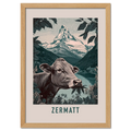 The Essence of Zermatt - Poster featuring a cow and the Matterhorn behind a serene lake.