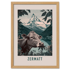 The Essence of Zermatt - Poster featuring a cow and the Matterhorn behind a serene lake.