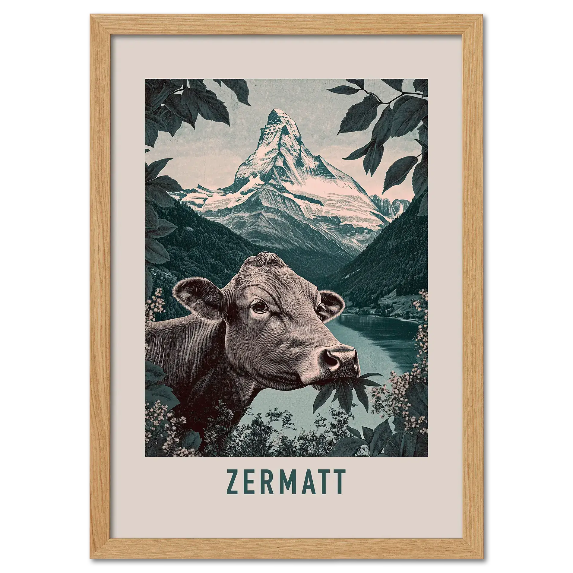 The Essence of Zermatt - Poster featuring a cow and the Matterhorn behind a serene lake.